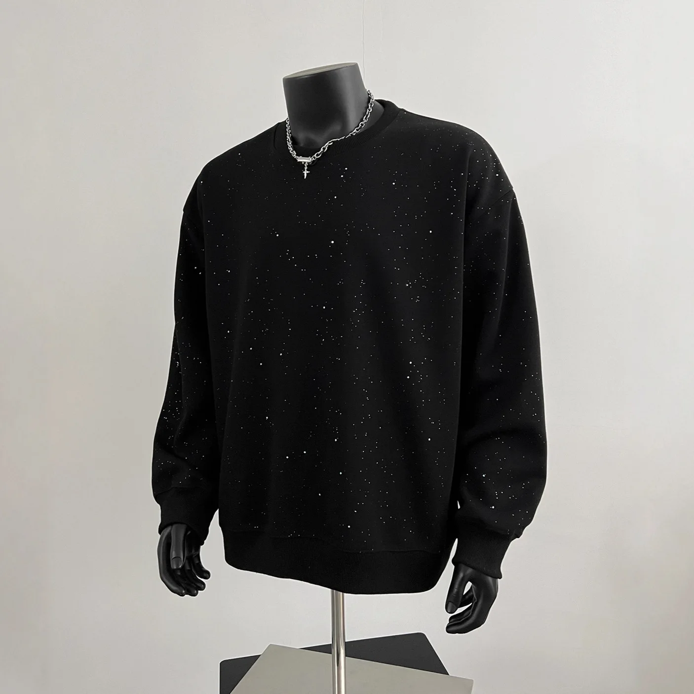 Men Women Sweatshirt Boys Girls Autumn Winter All-over Star Round-neck Student Sweatshirt Sequin Round-neck Sweatshirt Black Top