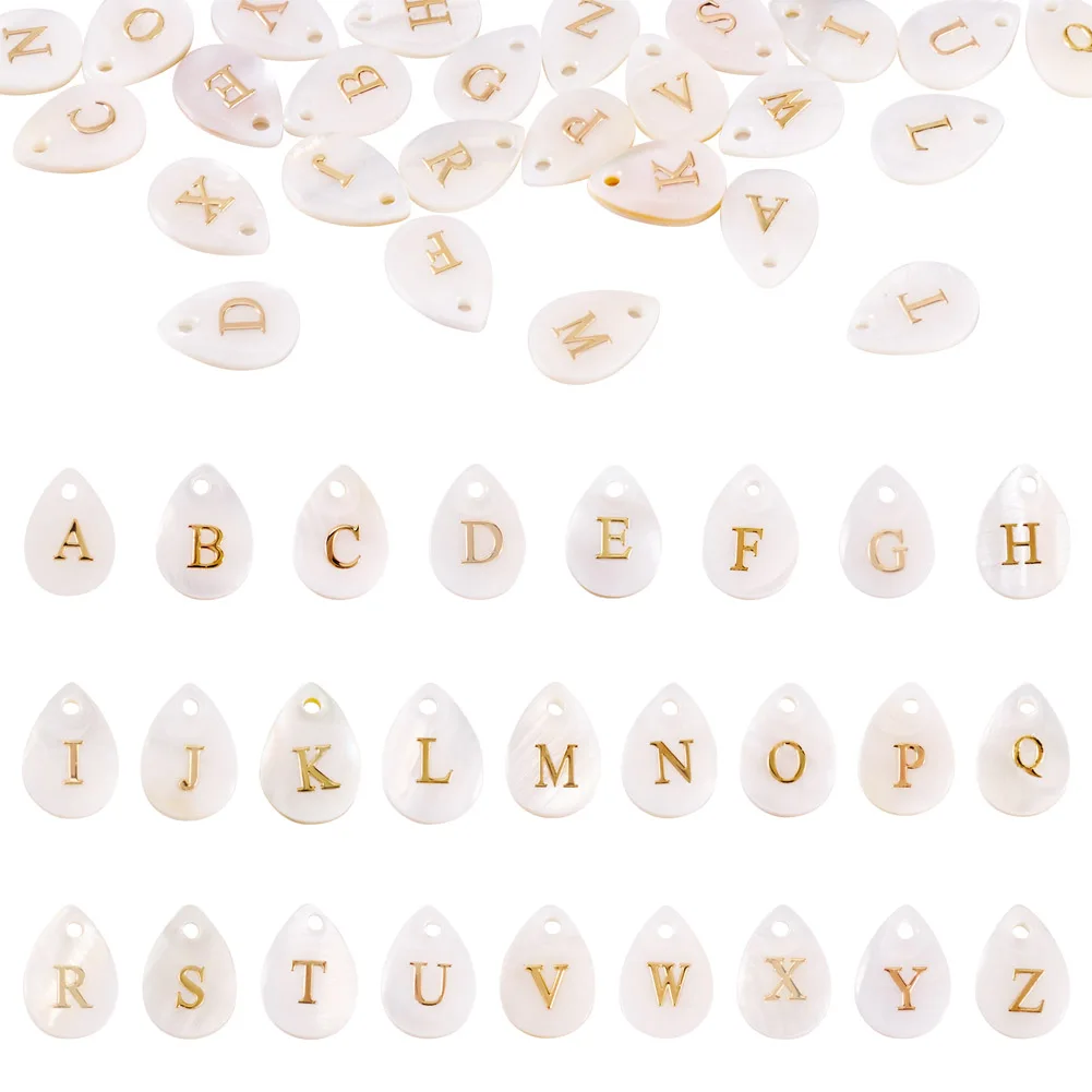 26Pcs Natural Shell Letter A~Z Pendants Teardrop Charms with Metal Alphabet Slices for DIY Jewelry Making Accessories 13x9x2mm