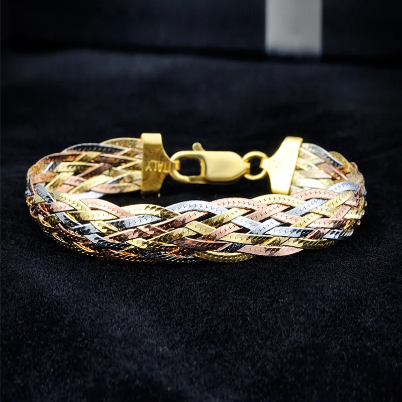 Italian Craft Colorfuls925Sterling Silver Plated Tri-Color Gold Woven 8Women's Shiny Wide-Brimmed Bracelet