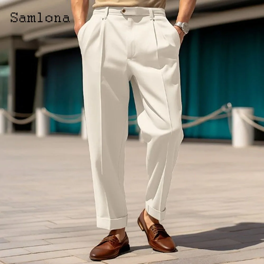 2023 Men\'s Stand Pocket Elegant Wide Leg Pants Solid White Party Wedding Trousers Plus Size Mens Fashion Buttons Up Suit Pants