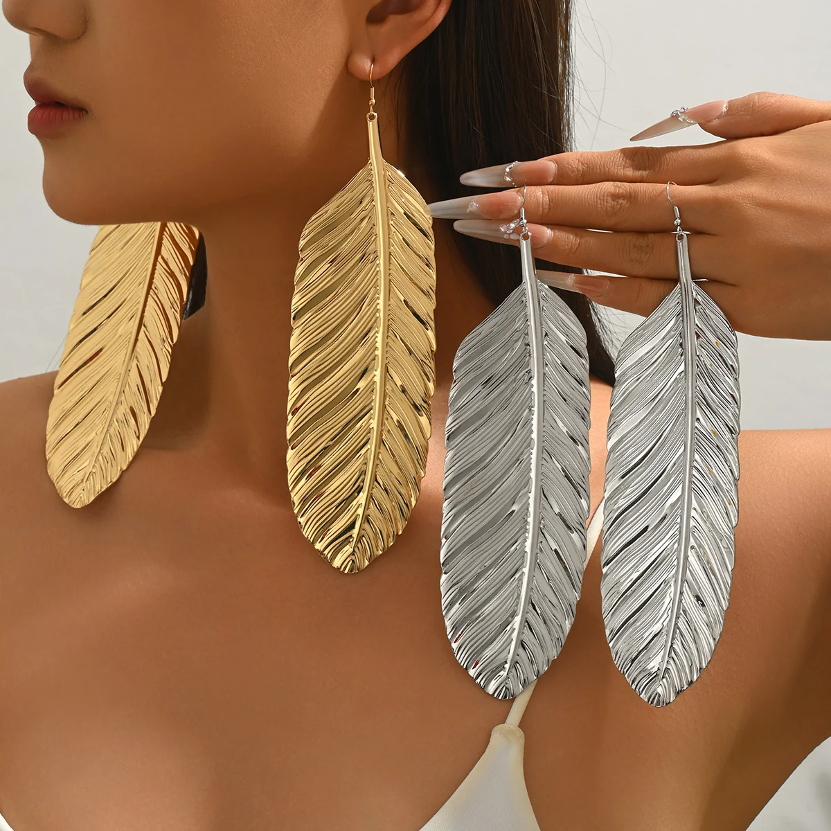 Trendy Big Feather Drop Earrings Long Textured Metal Leaf Dangle Earrings For Women Party & Vacation