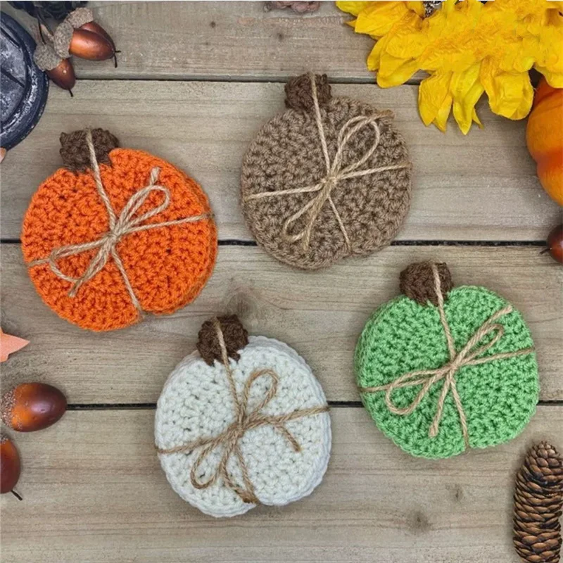 

New Halloween Fabric Handmade Drink Pads Autumn Crochet Pumpkin Coasters Fall Farmhouse Decoration Table Accessory Kitchen Gift