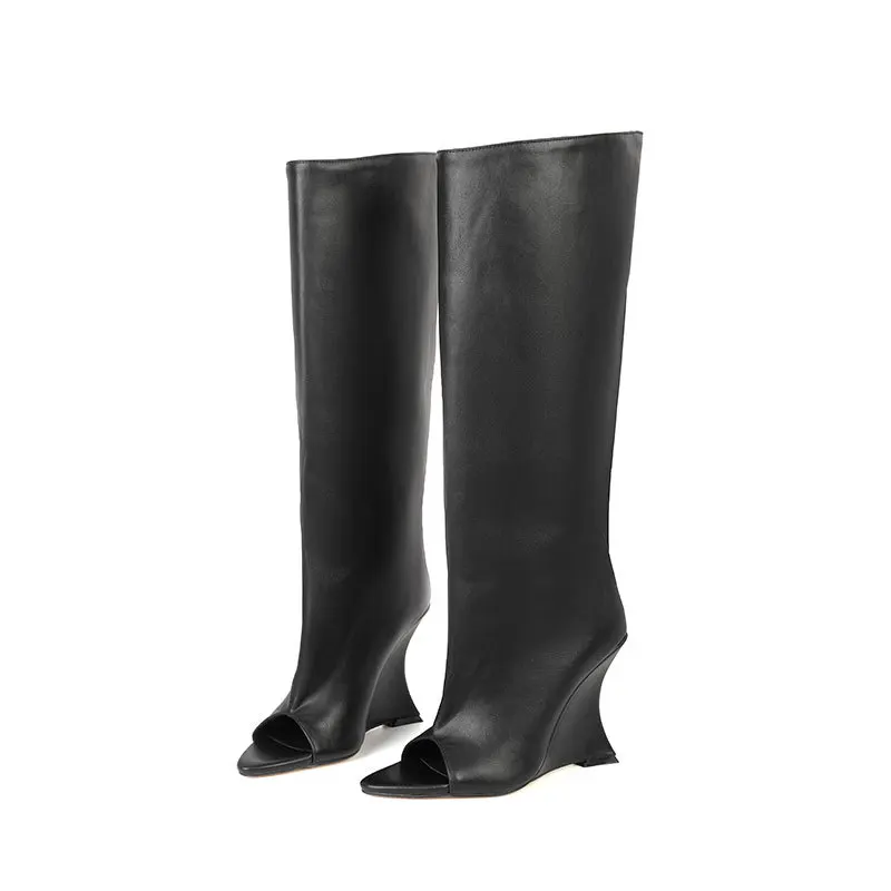 Summer Women's Versatile Fashion Cool Knee High Boots Wedges Female Peep Toe Long Boots Outdoor Sexy Ladies Breathable Footwear
