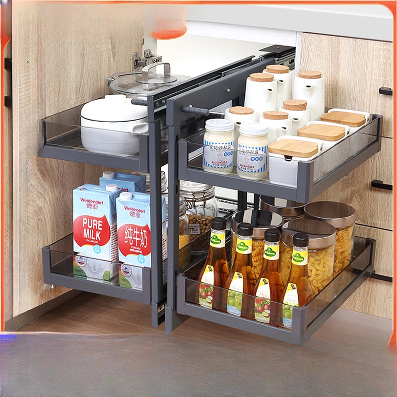 little monsters, multi-layer storage, dishes, pull baskets, pots and pans, baskets, all pull out of the shelves