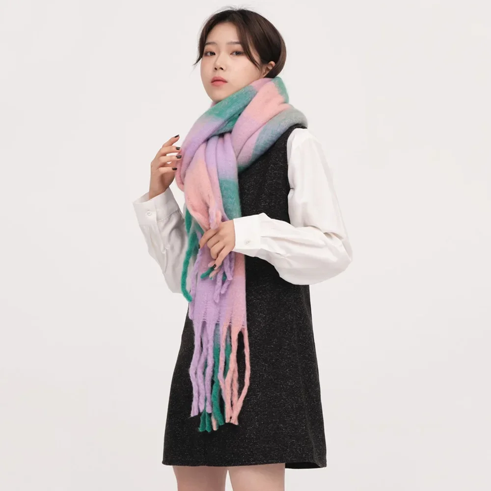 Ins Style New Plaid Mohair Scarf Soft Waxy Warm Scarf Autumn and Winter Imitation Cashmere Shawl Women