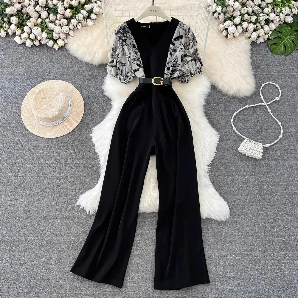 

Office Lady Elegant Patchwork Jumpsuit Women Korean Summer High Waist Short Sleeve Jumpsuits Combinaison Femme Overalls