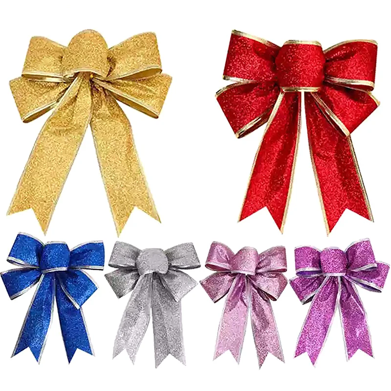 17cm Large Christmas Bow Glitter Ribbon Bowknot For Xmas Tree Hanging Pendant Ornaments Xmas Home Party Decoration Supplies