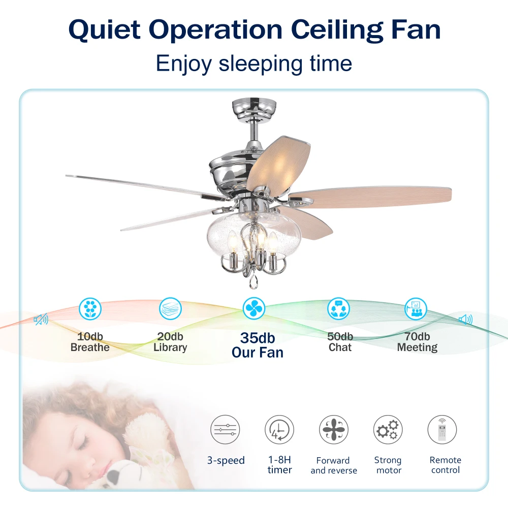 Ventilatore da soffitto cromato da 52 pollici con telecomando e luce Motore reversibile a 3 velocità per soggiorno, sala da pranzo, camera da letto, cucina, stanza degli ospiti