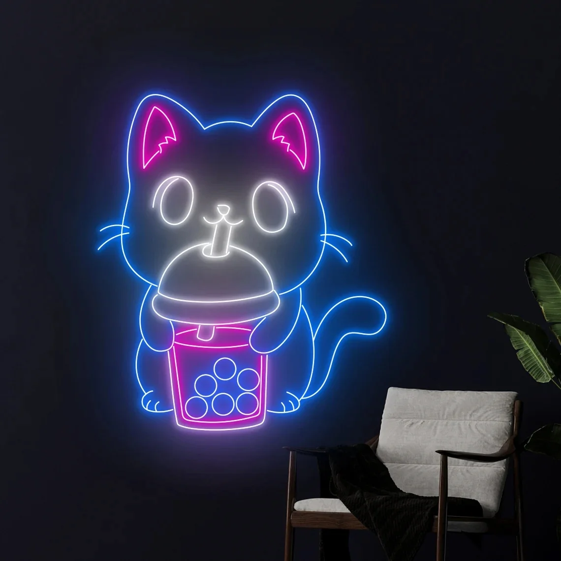 Cat Drinking Boba Tea Neon Sign Milk Tea Neon Sign Tea Drink Neon Sign Room Wall Decor Coffee Open Neon Light