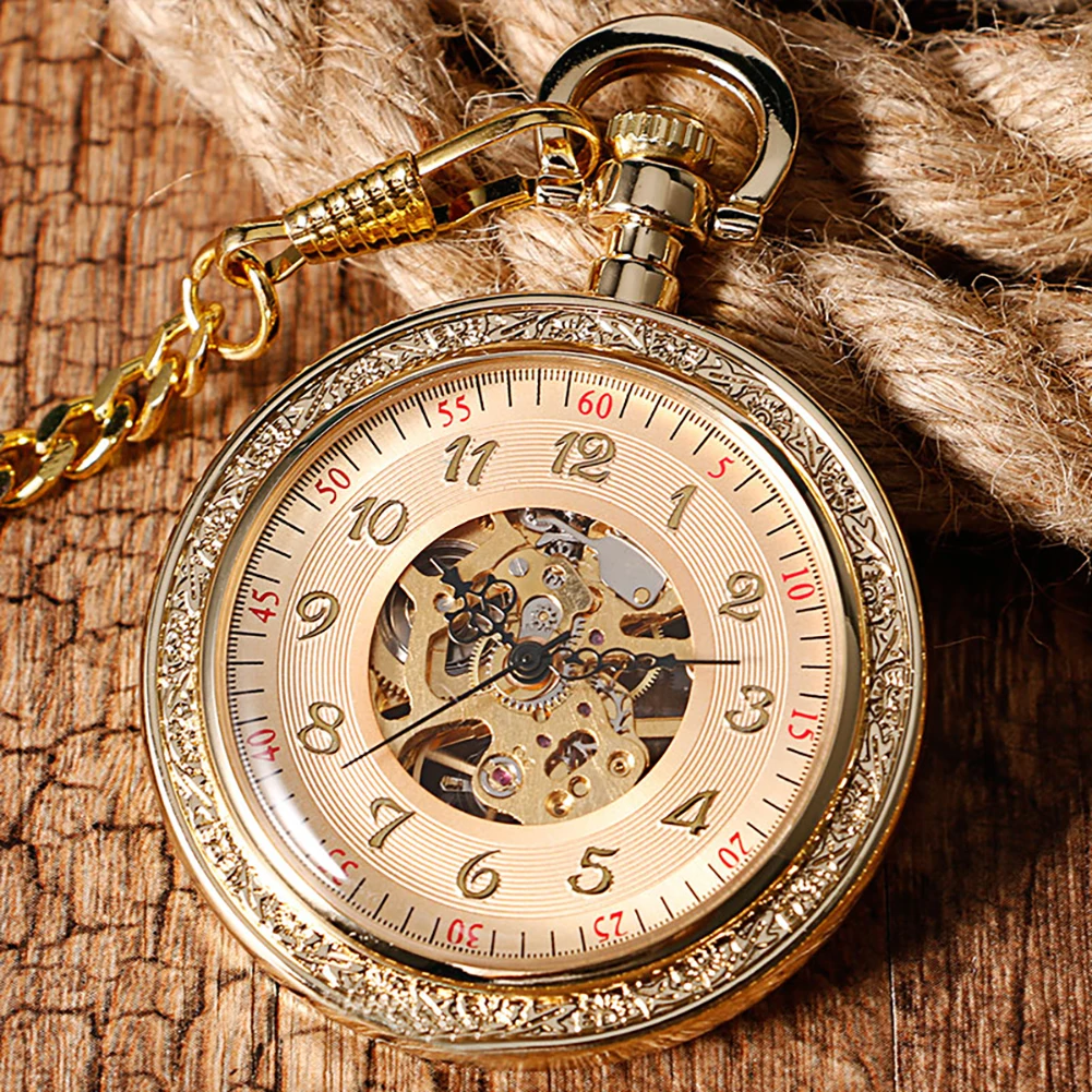 Luxury Gold Hand Winding Mechanical Pocket Watch Men Open Face Arabic Numerals Dial Antique Pendant Clock Pocket Chain