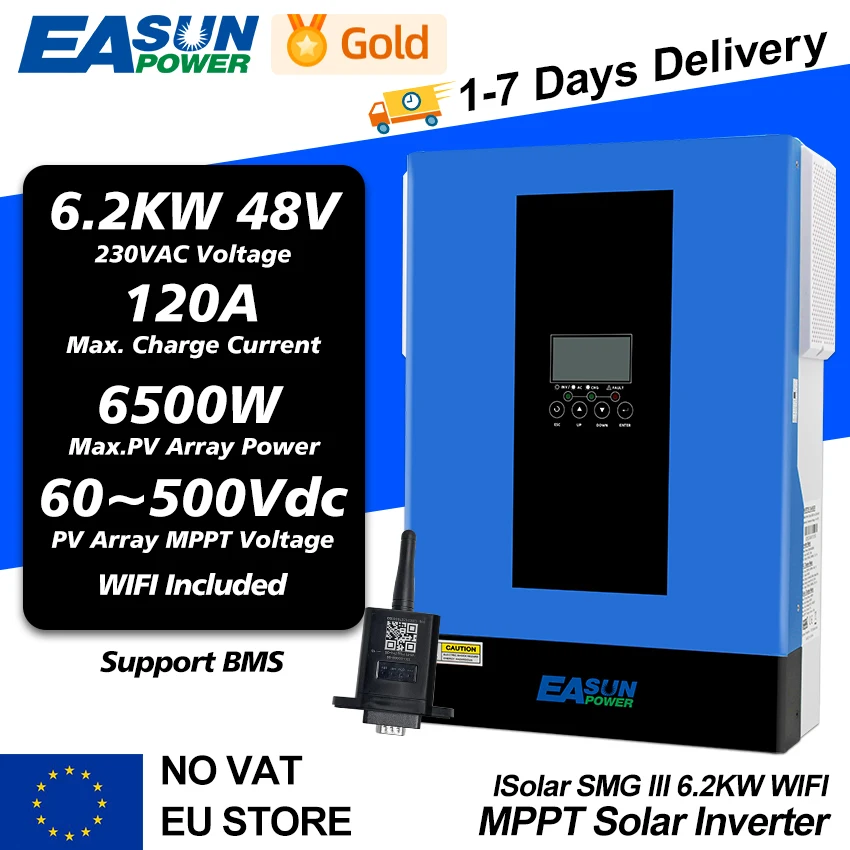 EASUN POWER MPPT Hybrid Solar Inverter 6.2KW 48V 4KW 24V 2KW 12V Off Grid Pure Sine Wave 220V 230V 120A 80A Charger with Wifi