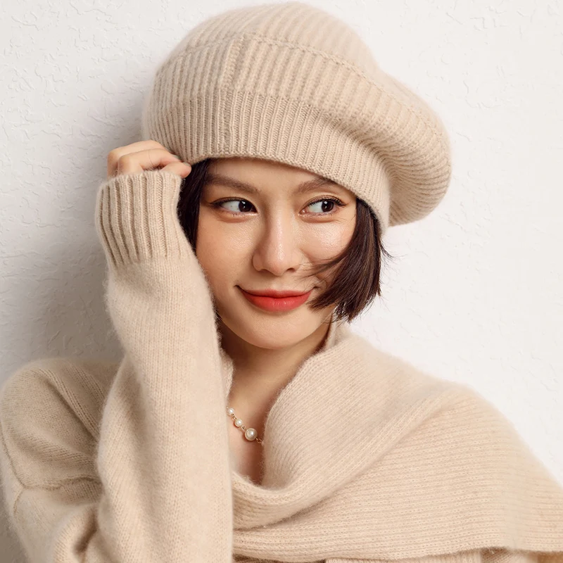 High-grade Winter Beret Hat For Women Knitted 100% Pure Cashmere Hat Autumn Lady New Cashmere Cap Women Caps Women Berets