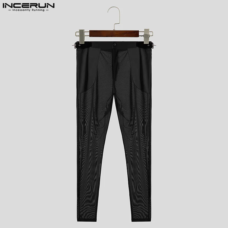 INCERUN Men Pants Mesh Patchwork Button Transparent Joggers Casual Trousers Men Skinny Streetwear 2024 Fashion Long Pants S-5XL