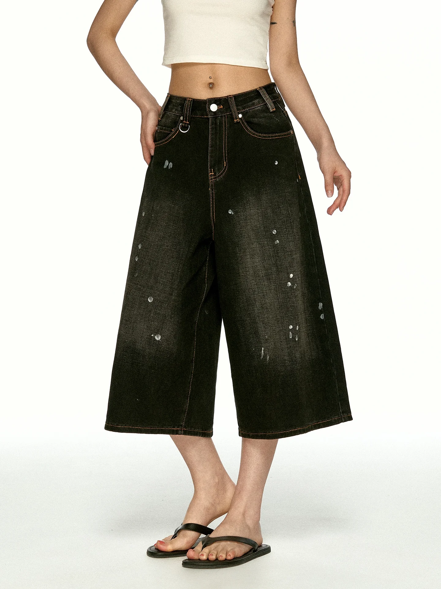 Aaisup American Retro Splashed Ink Wide Leg Jeans Women Summer Loose Slimming Small Size Versatile Seven-Foot Pants