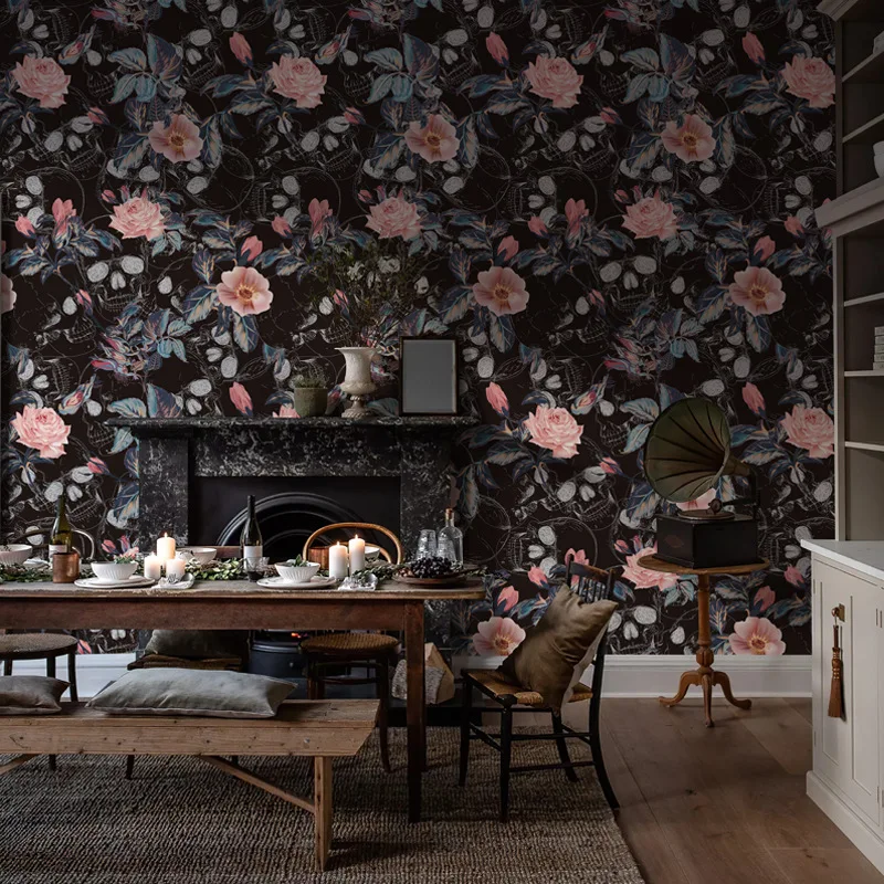 Sugar Skull Floral Peel and Stick Wallpaper for Bedroom Black/White Removable Accent Wall Decorations