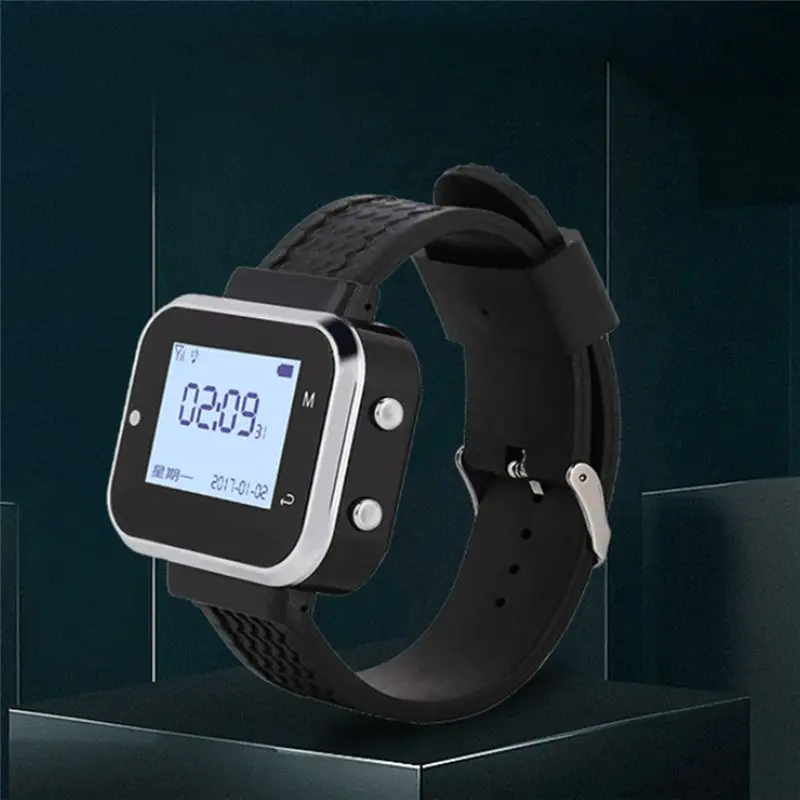 B50B-Cafe Waiter Service Buzzer 2 Watch Waiter Pager 15 Restaurant Table Call Button Transmitter Wireless Calling System US Plug