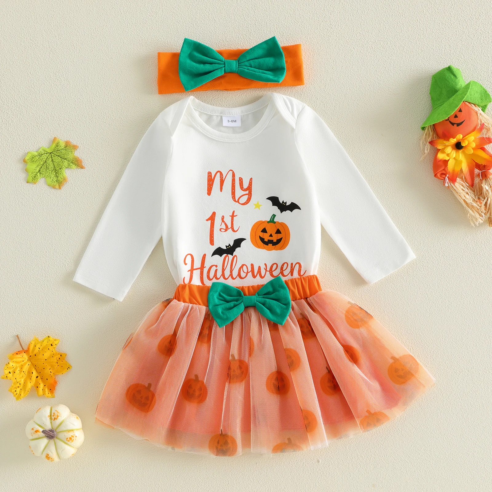 Girls My First Halloween Costume Long Sleeve letter Printed Romper Tulle Mesh Skirt Headband 3 Pcs Set