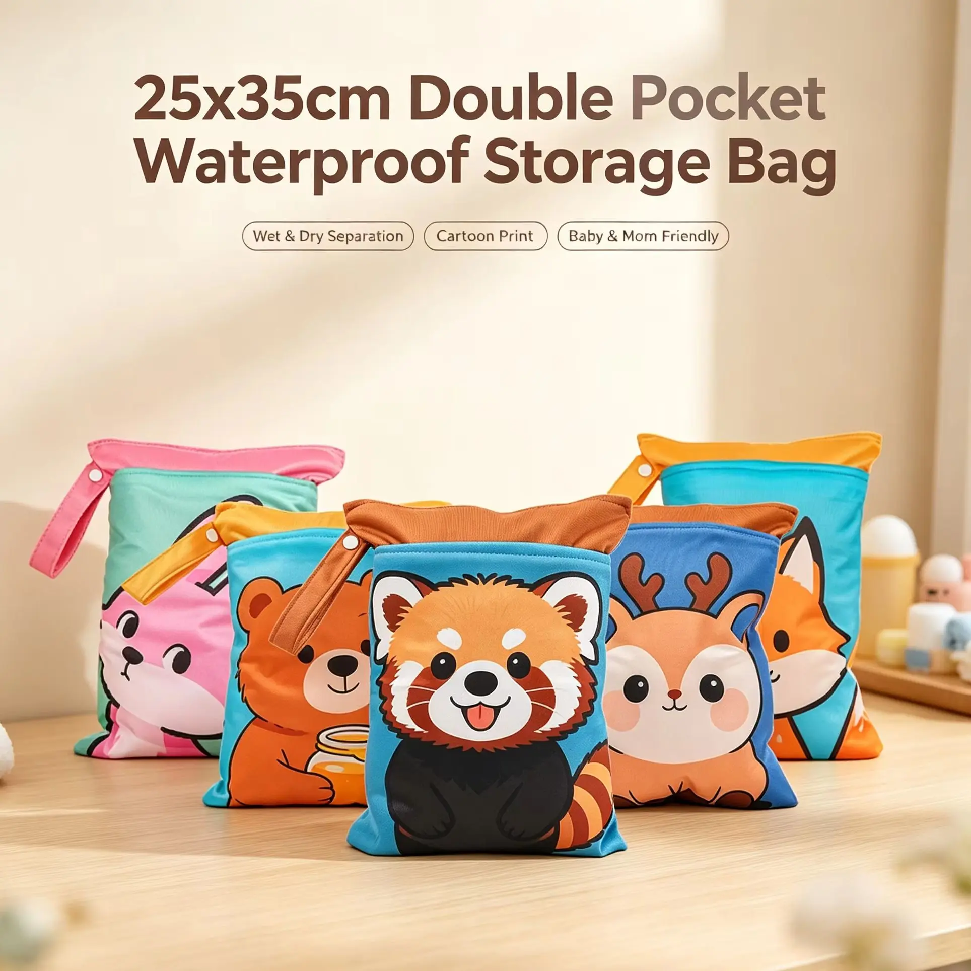 Baby Maternity Diaper Storage Bag 25x35cm Double Pocket Wet Dry Separation Waterproof Cartoon Snap Handle Travel Pouch