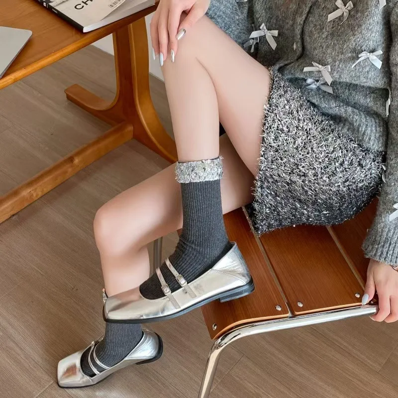 Women's Socks Korean Sequins Shiny Fashionable High-quality Comfortable Cotton Socks For Girl Trendy Versatile Luxury Brand