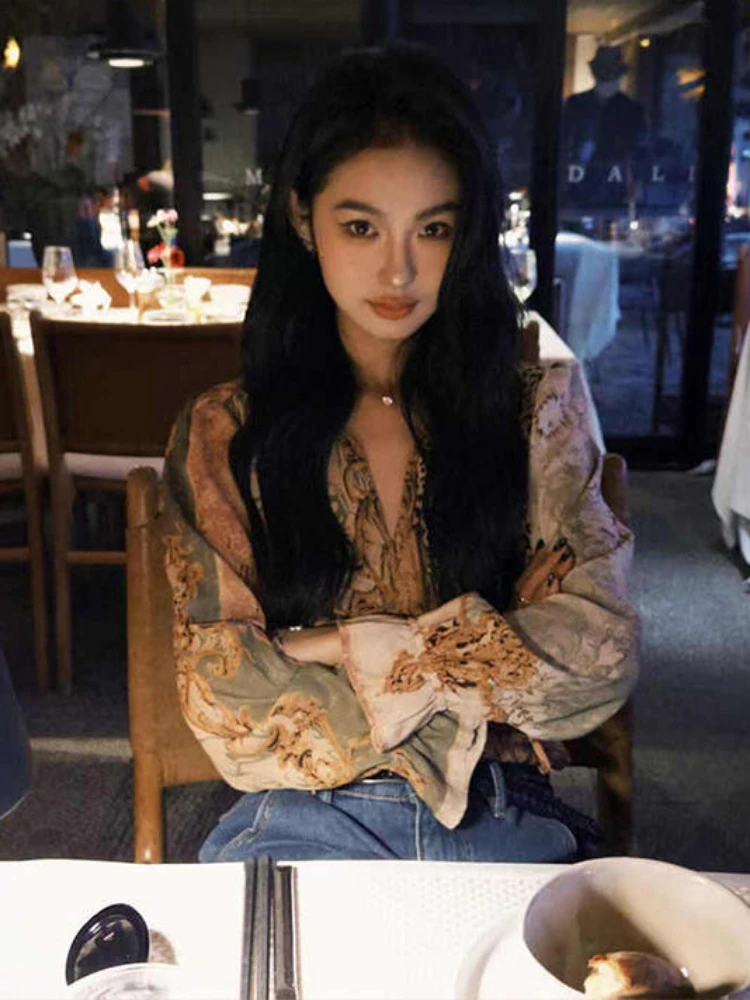 2025 mulheres y2k estética retalhos impressão camisa grunge harajuku alargamento manga blusa sexy streetwear vintage plissado blusas