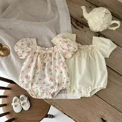 2023 Summer Infant Toddler Jumpsuit Small Flower Bird Baby Girl Puff Sleeves Romper Clothes Gril Climbing Bodysuit for Newborns