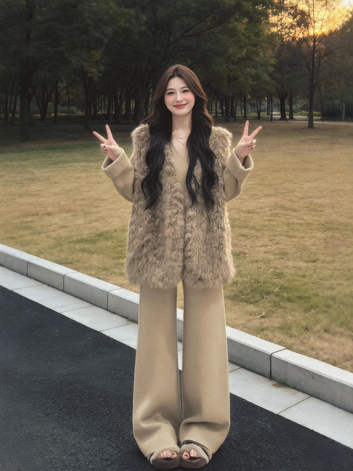 

Winter Warm Knitted Vest And Pants Set plus Size Women's Lazy Sle Furry Vest High Waist Trousers V-Ne Button Closure Te...