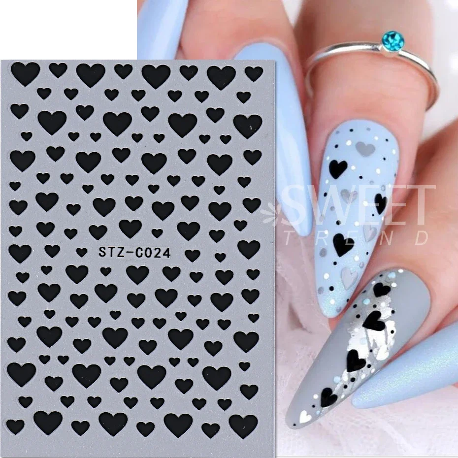 Adesivi per unghie a cuore nero bianco 3D simpatico cartone animato dorato amore cursore autoadesivo accessori per Manicure di san valentino suggerimenti decorazione