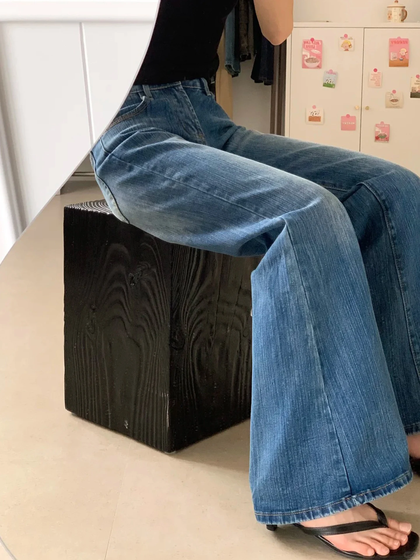 Slimfit แฟชั่นกางเกงบานสําหรับสุภาพสตรีการเดินทางทุกวันทั้งหมดตรงกับกางเกงขาตรงวินเทจคุณภาพสูงล้างกางเกงยีนส์