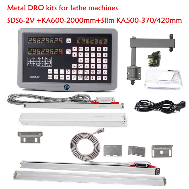 SINODRO مخرطة معدنية SDS6-2V 2 محور عرض القراءة الرقمية ومقياس خطي KA600-2000 + KA500-370 420 مللي متر 0.005 مللي متر التشفير البصري النحيف