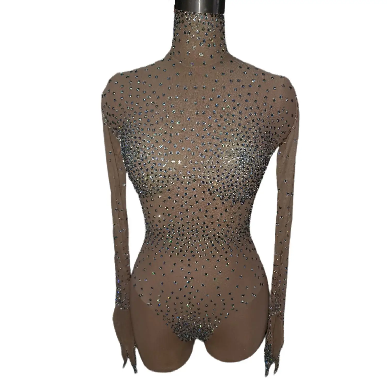 Silver Clear Mesh Golves Bodysuit Rhinestones Birthday Dress Sexy Transparent Costume Evening Celebrate Stretch Outfit Liangjia