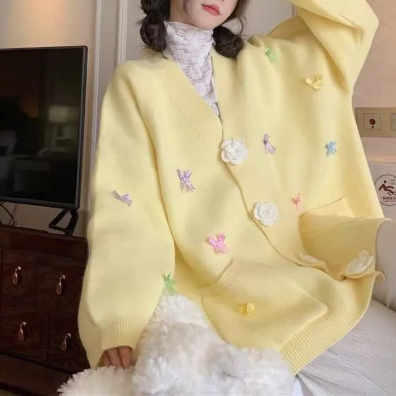 

Sweety Appliques Flowers Butterfly Long Sleeve Women Knitted Cardigan Sweater Korean Atutumn Streetwear Tops Coat Chic Sweater