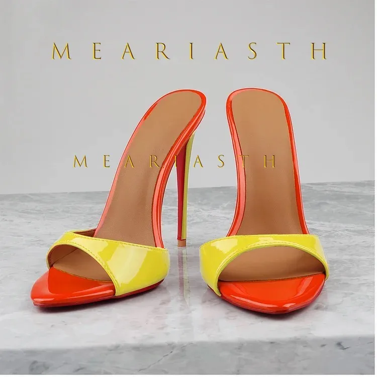 

NEW Wine Red Patent Leather Women Slippers Sandals Fashion Round Open Toe Thin High Heels Mules Slides Summer Party Dress Shoes