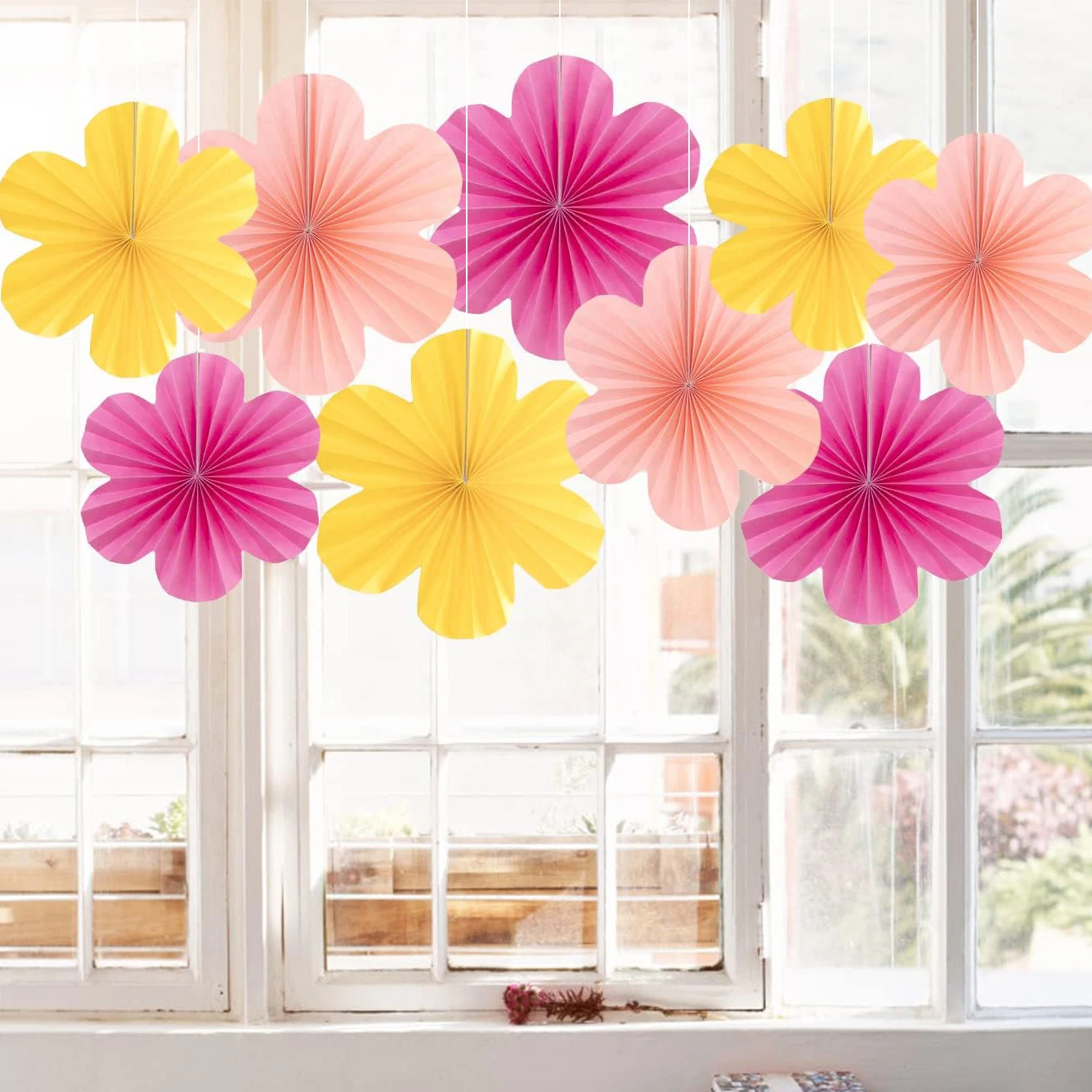 9Pcs/Set Easter Themed Hanging Paper Flowers Party Decoration Seasonal Fan Shaped Garlands for Easter Celebration