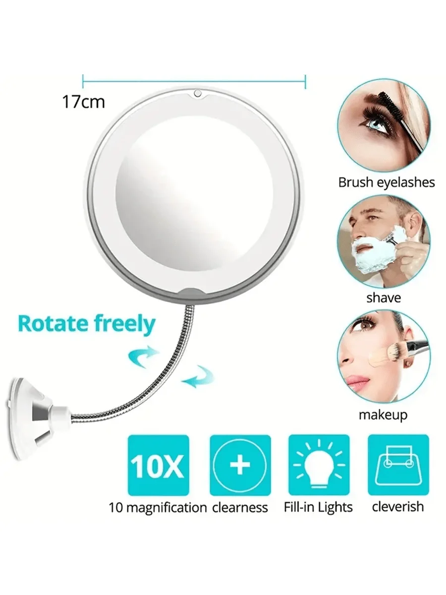 Flexible 10x Magnifying Makeup Mirror With LED Lighting,  Suction Cup With Daylight And  Degree Rotation Feature, Portable For  