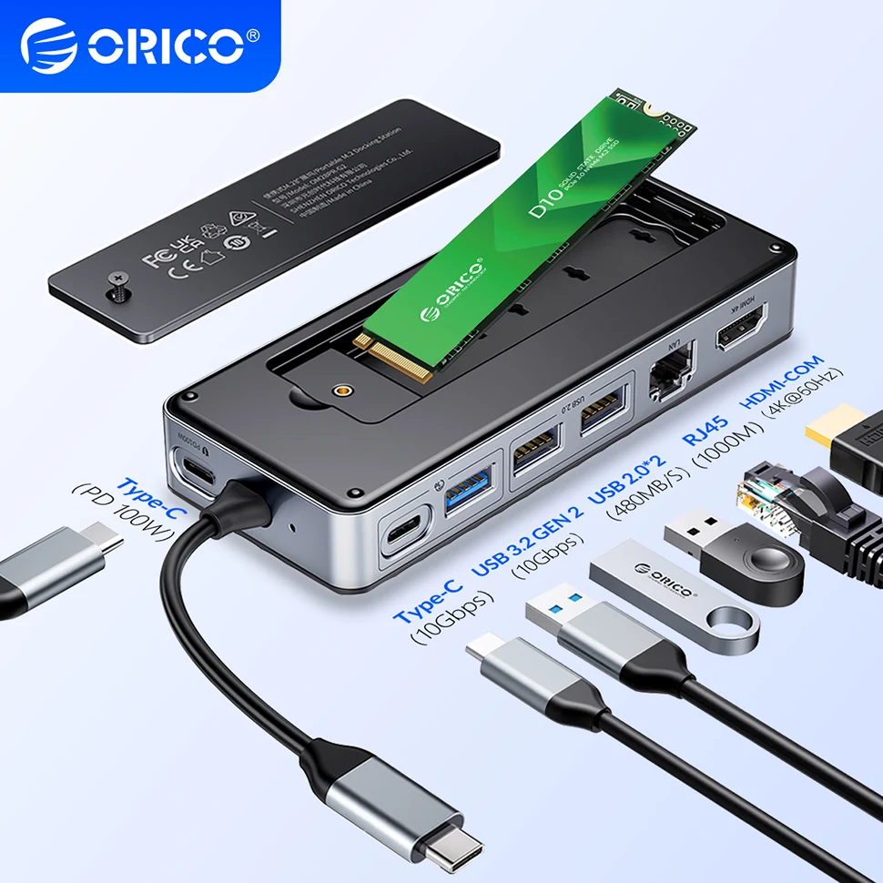 

Док-станция ORICO 8-в-1 USB 3.2, концентратор, корпус M.2 SSD, внешний корпус твердотельного накопителя M2 NVMe 10 Гбит/с, HDMI RJ45 SD/TE