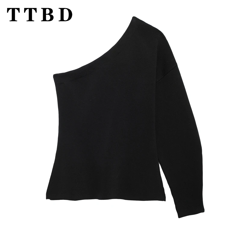 TTBD Sweater Pullover rajut wanita, atasan Crop bahu lengan panjang kasual musim gugur 2024