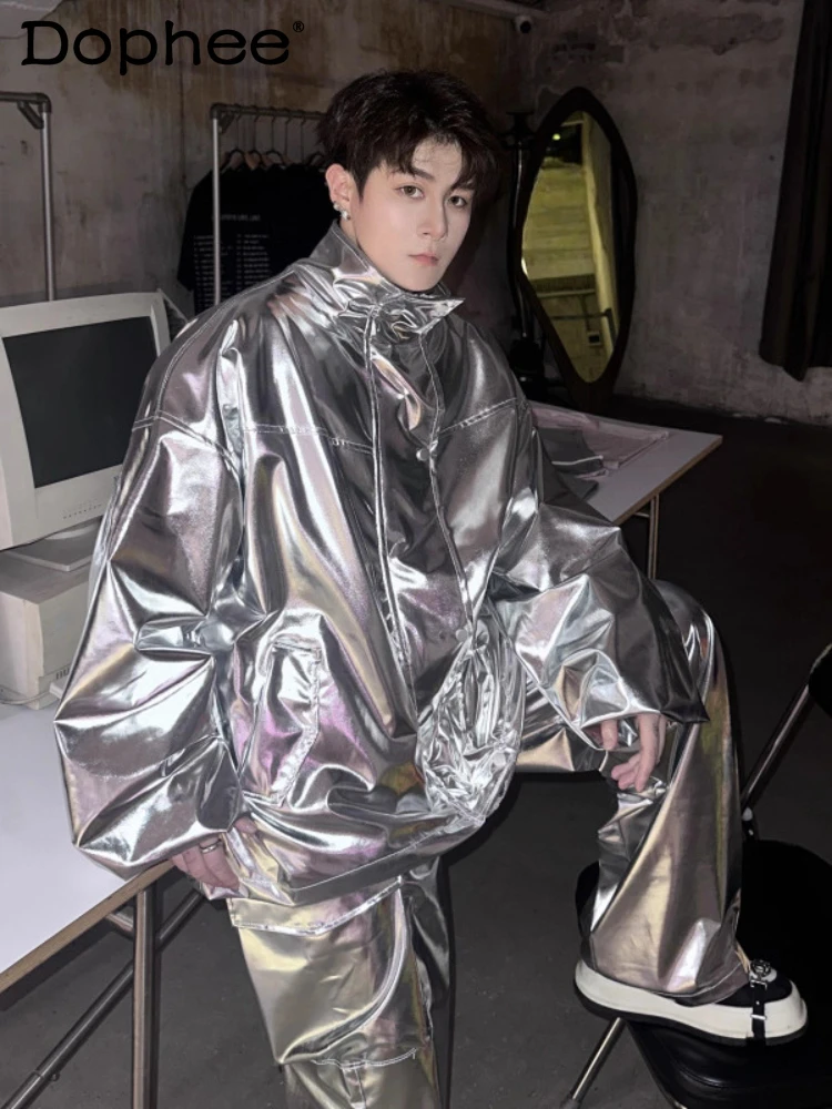 

Men Women 2025 Autumn Fashion Solid Color 2pcs Loose Handsome Long Sleeve Pocket Decoration Glossy Jacket Pants Two-Piece Sets