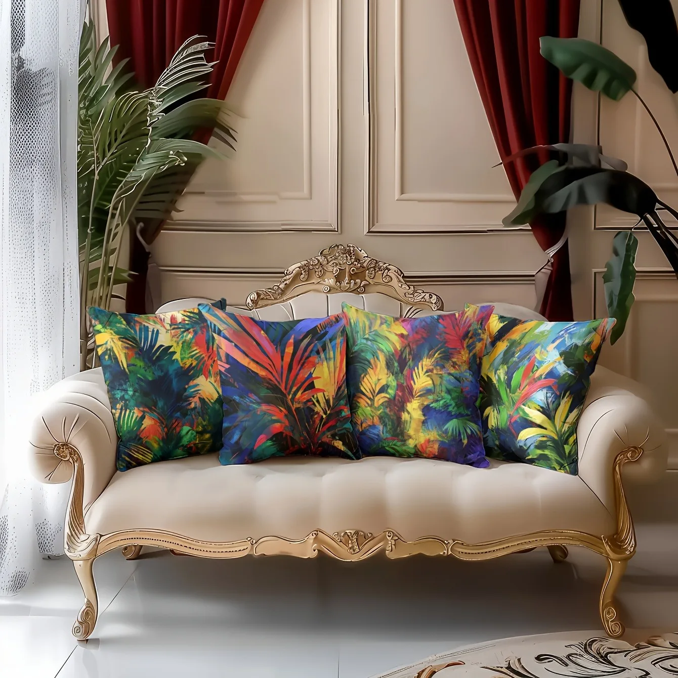 

Набор наволочек с яркими тропическими листьями, красочный декоративный чехол с абстрактным рисунком джунглей для домашнего дивана, спальни