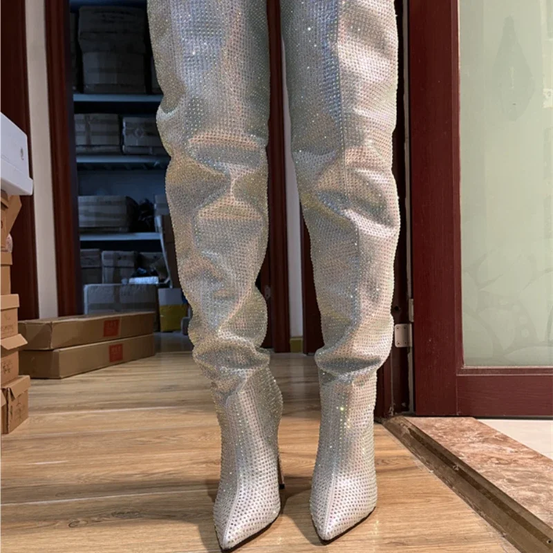 Silver All Diamond Shiny Over Knee Boots 2024 Sexy Pointed Fashion 12cm/9cm Slim Heel Model Boots Autumn New 34-43 Thigh Boots