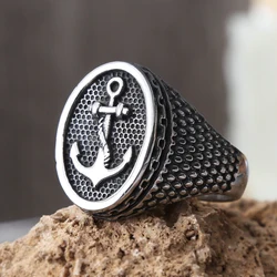 Retro Dot Bump Viking Anchor Ring For Men Steel Color Stainless Steel Seal Mens Rings Punk Hip Hop Street Jewelry Gift