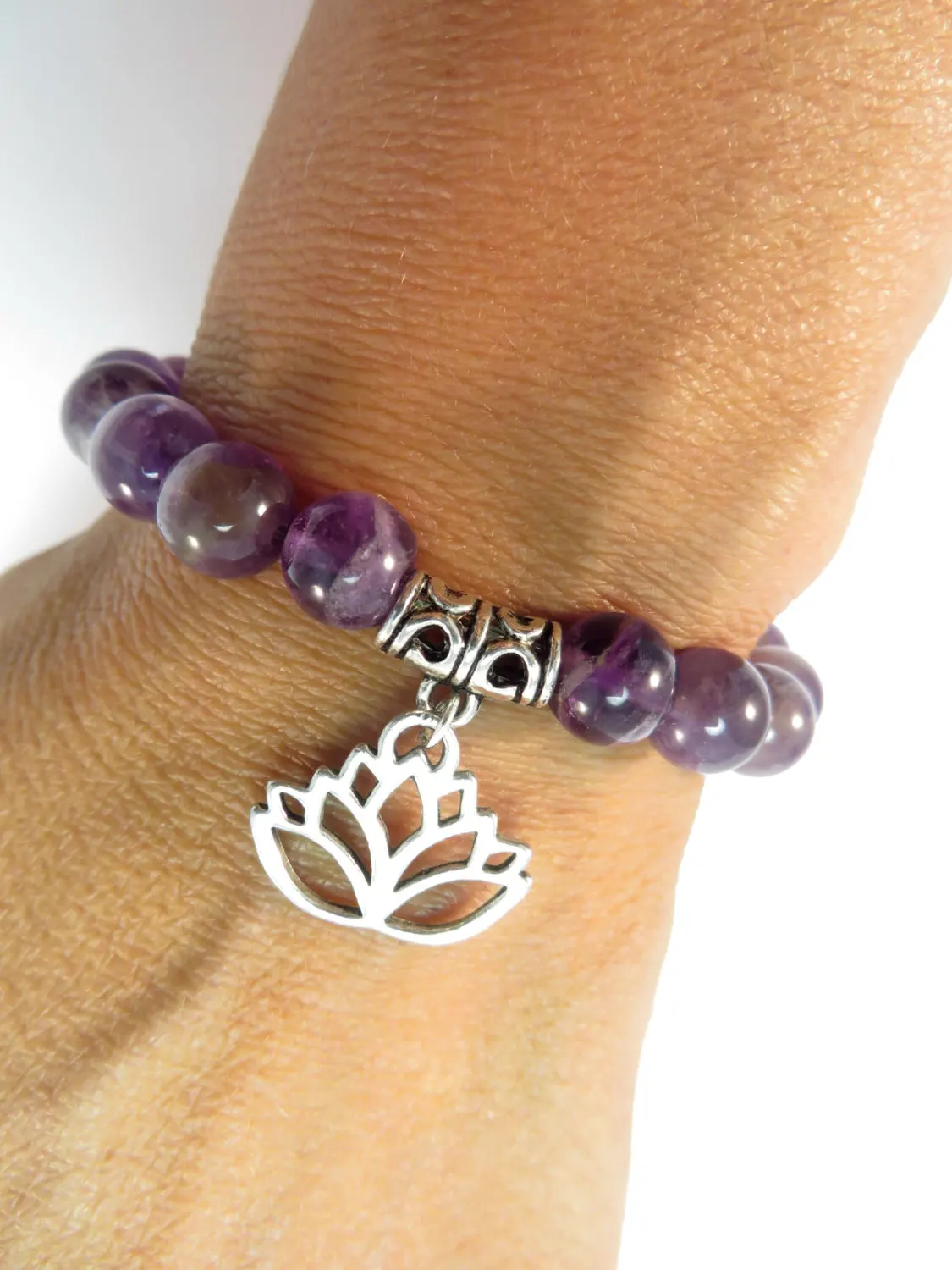 SN1119 Amethyst Healing Mala Bracelet Yoga Jewelry Lotus Wrist Mala Meditation Energy Strength Trendy Mother's Day Gift