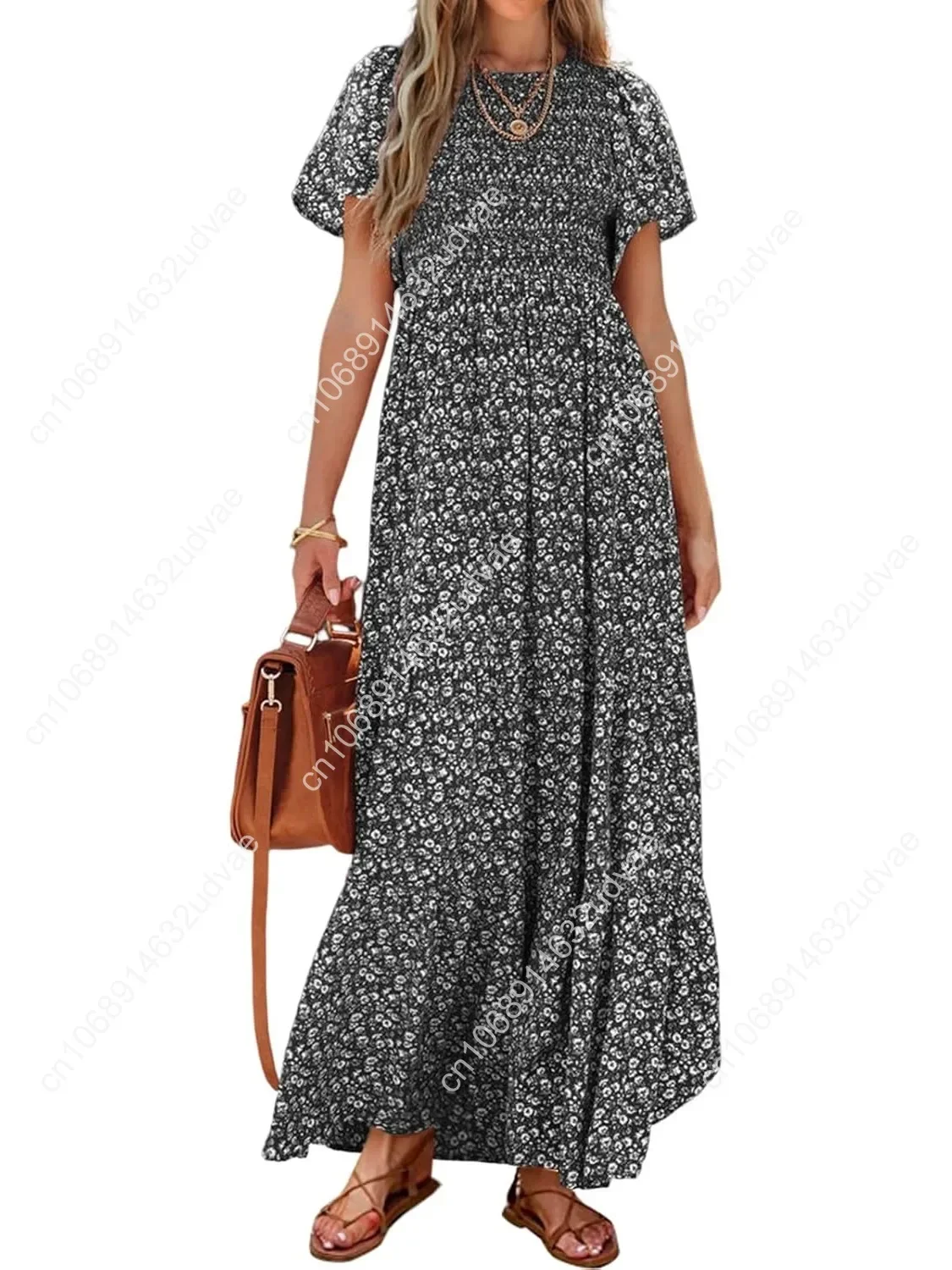 

2025 Summer Women's Casual Flutter Short Sleeve Boho Floral Maxi Dress Crew Neck Smocked Tiered Long Dresses