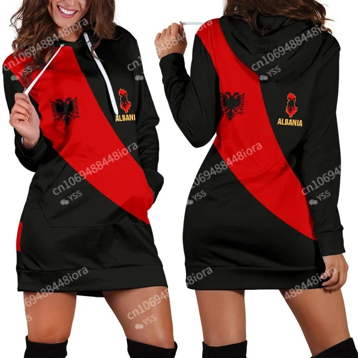 ALBANIA Emblem Country Flag New Harajuku Novelty 3D Print Autumn Hoodies Dress Women Casual Wear Long Sleeve Hooded Dress