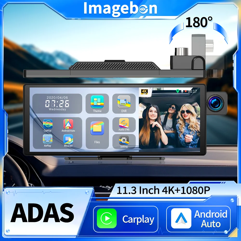 Imagebon 11.3″ 4K ADAS Dash Cam Rearview Mirror Camera Wireless CarPlay & Android Auto 3 Channel Recording GPS Navigation DVR