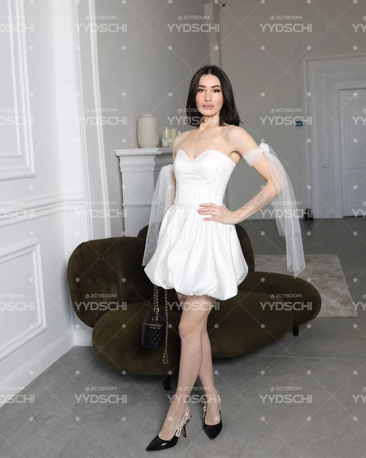 Maßgeschneiderte, schlichte, weiße, schulterfreie Cocktailkleider mit Blumenmuster, A-Linie, bauschig, über dem Knie, Brautkleid für Damen – Detail 6