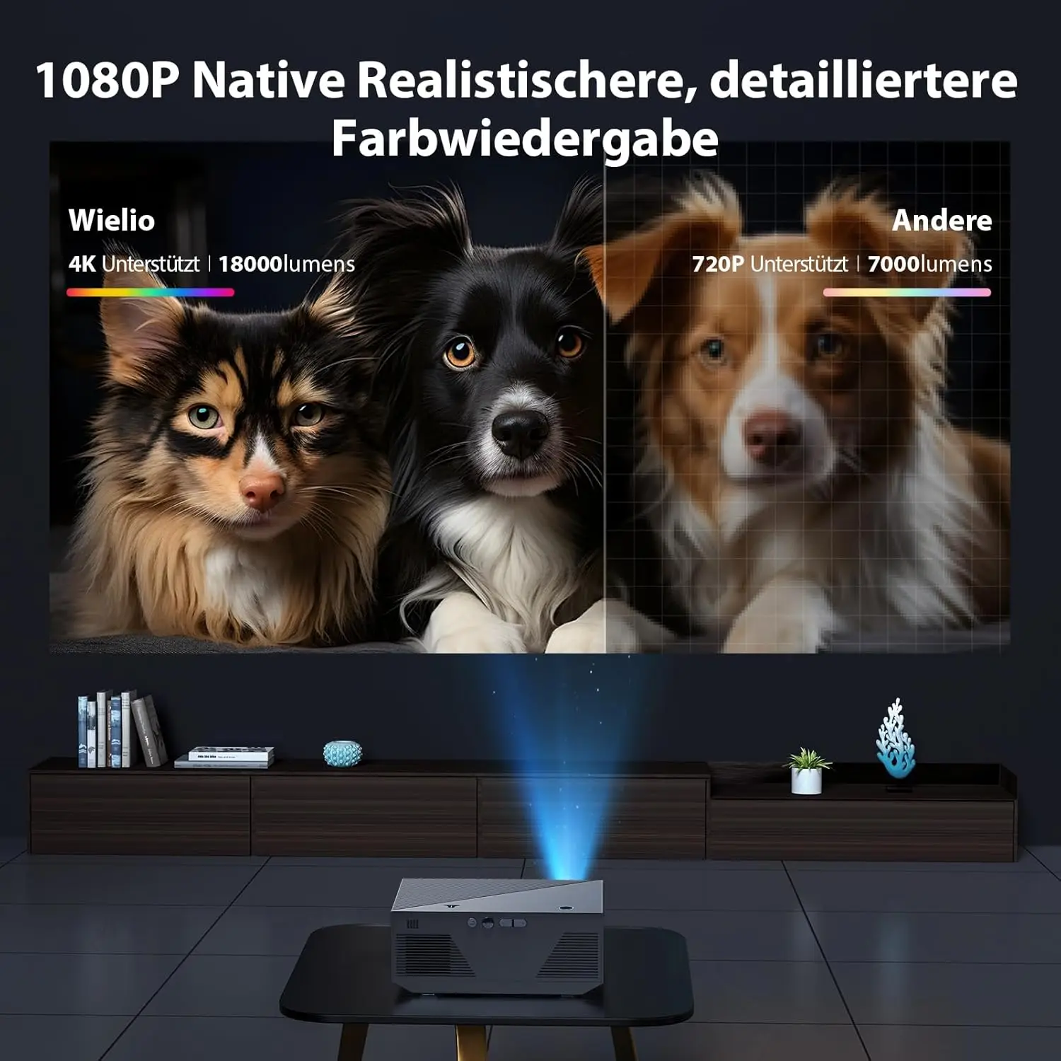 Full HD 1080P Heimkinoprojektor, 200" Projekingsgrö oder,tragbarer Proiettore hin dra premisen/drinnen, Kompatibel Android, iOS, HDMI, USB