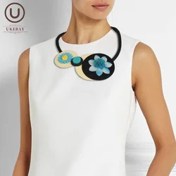 UKEBAY New Retro Ethnic Style Disc Blue Flower Accessories Handmade Design Black Rubber Chain Women Choker Necklace Jewelry