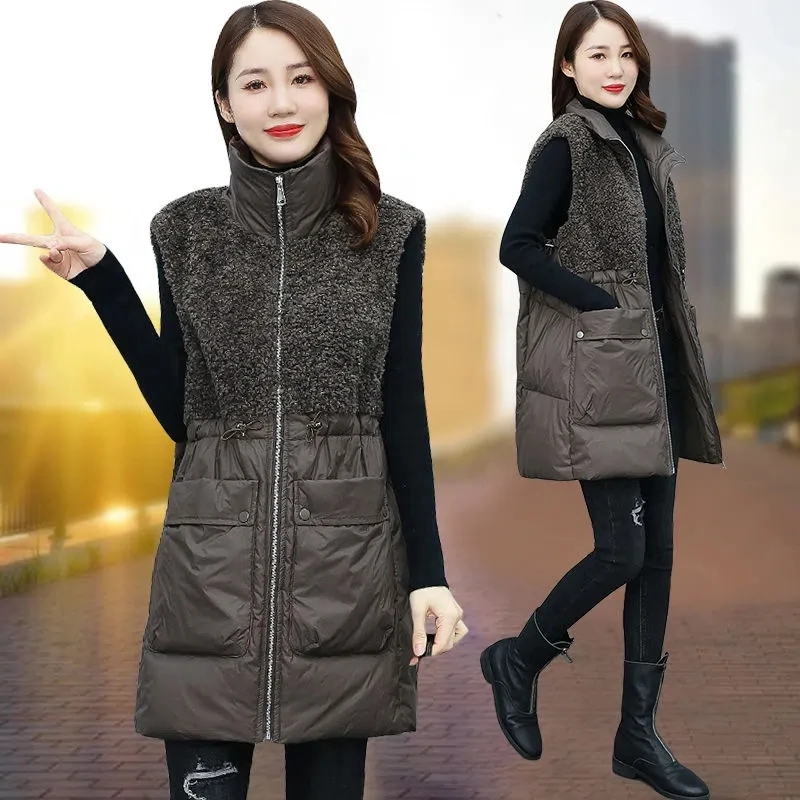 Lamb Wool Stitching Vest Women Jacket Sleeveless Pocket Drawstring Waistcoat Autumn Winter Fashion Warm Mid-Length Chaleco Mujer