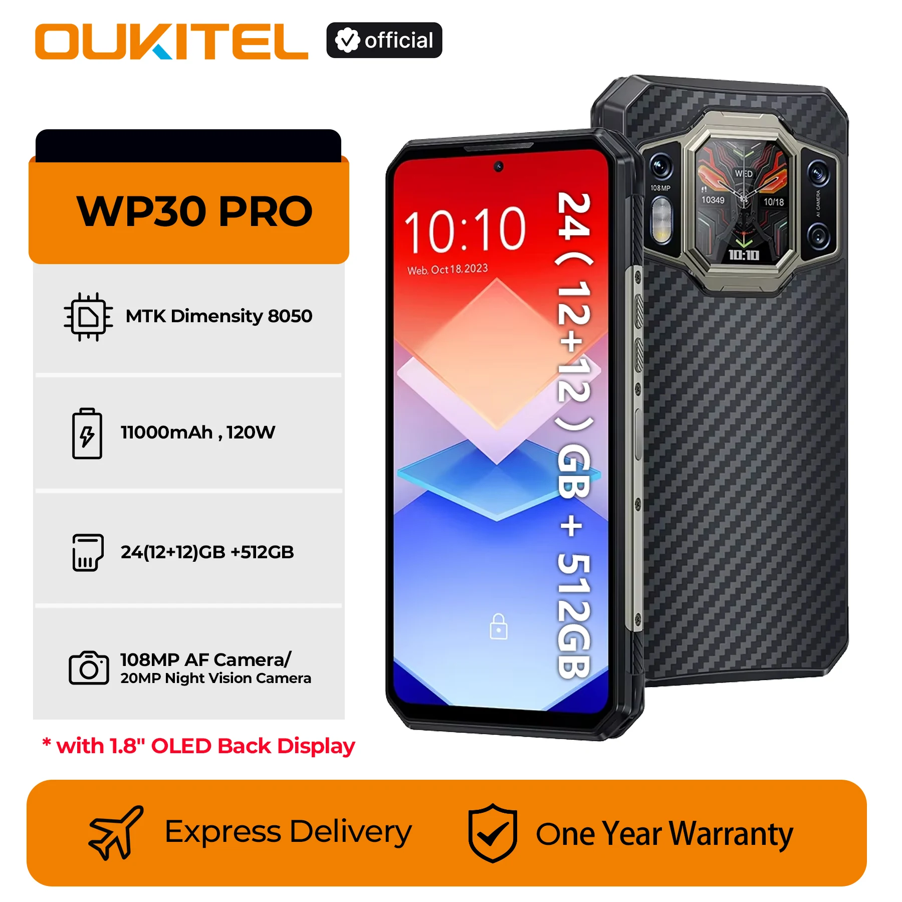 OUKITEL WP30 Pro 5G Rugged Smartphone Android 13 Mobile Phone 24GB(12+12) + 512GB, Dual Display Cellphones, 11000 mAh 120W