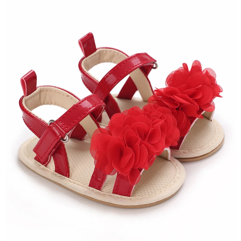 Summer baby girl sandals red festive and cute flower baby shoes soft rubber soles comfortable and casual baby walking shoes